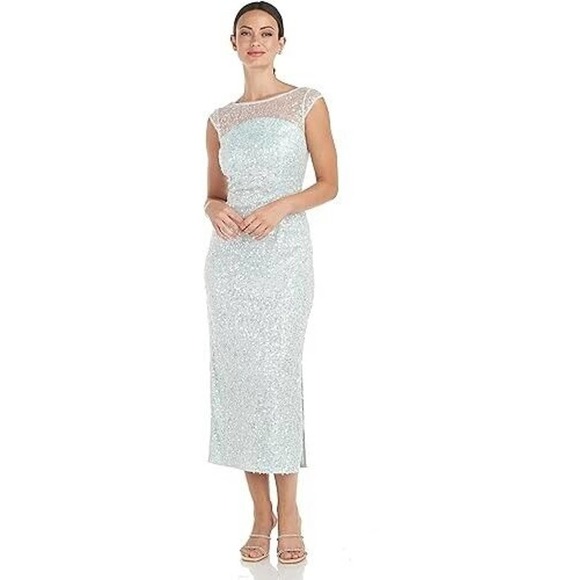 NWT JS Collections Cap Sleeve Claire Sequin Midi Dress Women's Aqua Blue Size 12 - Picture 1 of 8